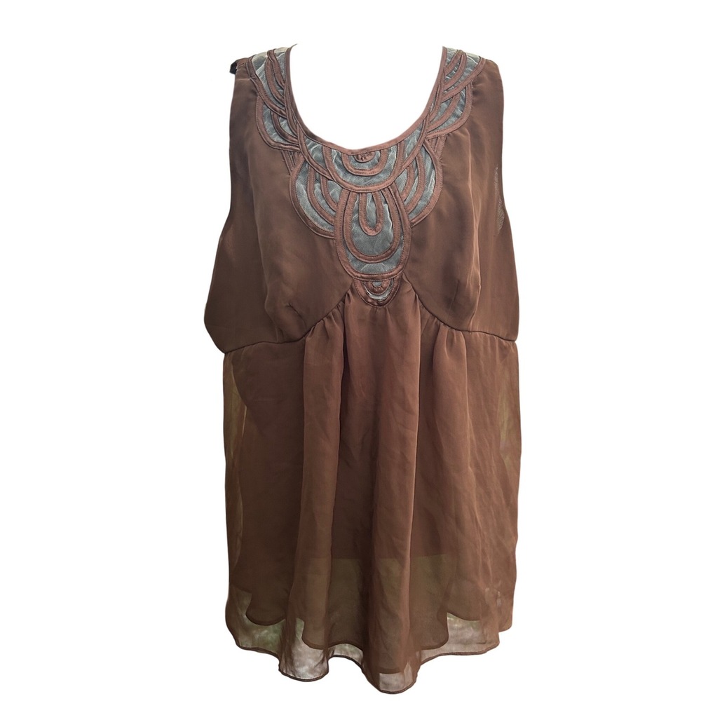 Nicole by Nicole Miller Brown Sleeveless Embroidered Mesh Neck Blouse Size 16